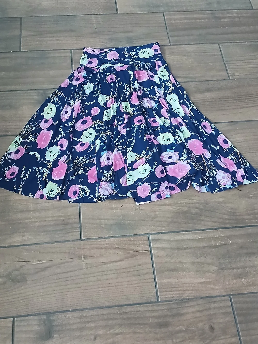 Navy Floral Midi Skirt with Pink & Mint Blooms